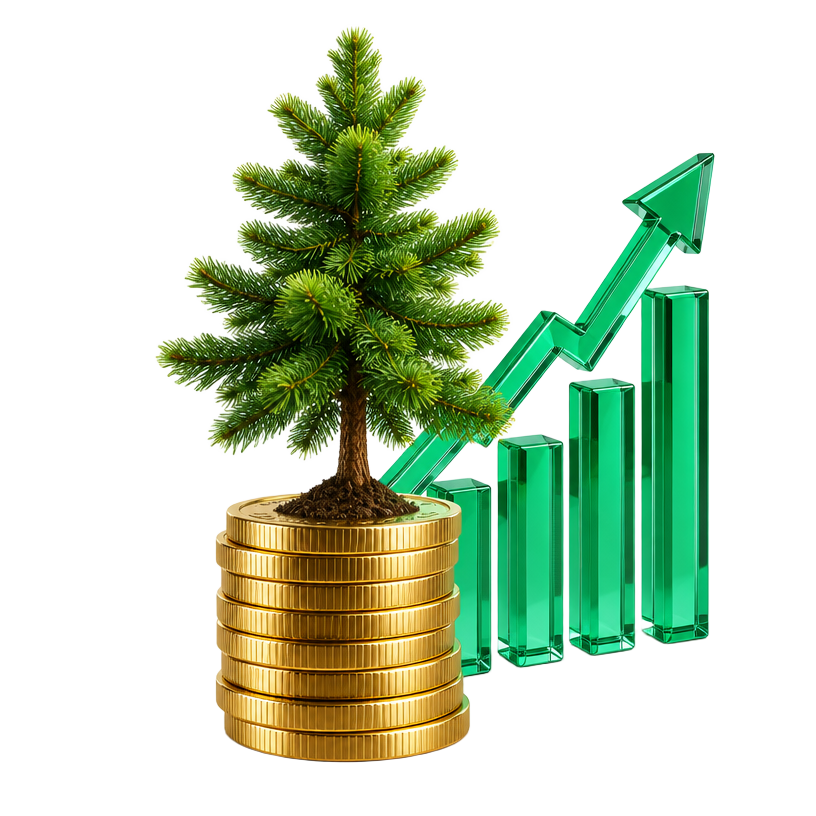 ISA Corp education illustration: evergreen tree on coins with a growth chart, not a return promise